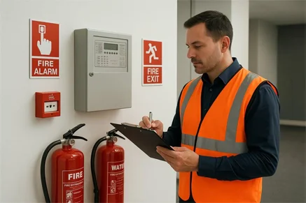 Fire protection equipment inspection Fire alarm equipment inspection by a technician in Qatar