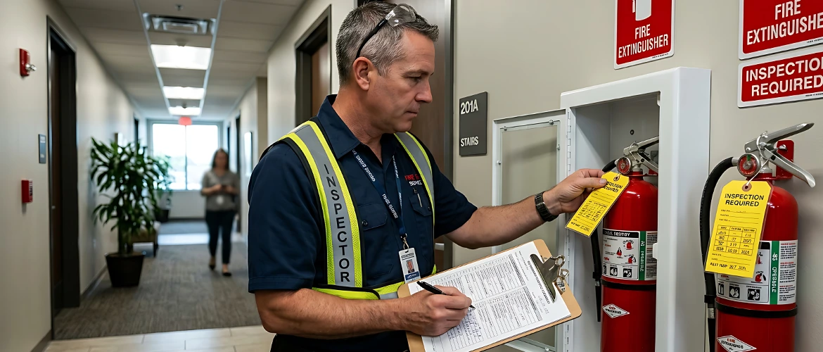 Fire alarm equipment inspected as part of a building fire safety system in Qatar